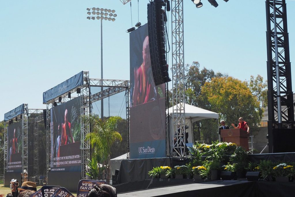 His Holiness the Dalai Lama speaking at University of California San Diego’s RIMAC Field in San Diego, CA, USA on June 16, 2017.