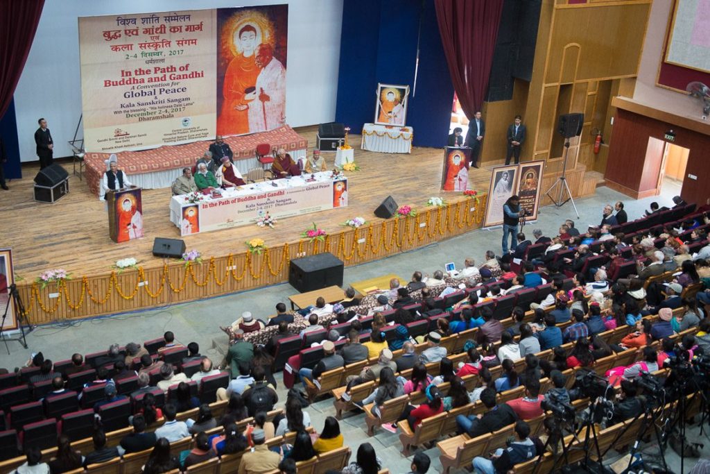 His Holiness the Dalai Lama at the ‘Convention for Global Peace in the Path of Buddha and Gandhi’, organised by Gandhi Smriti in collaboration with Central University of Himachal Pradesh