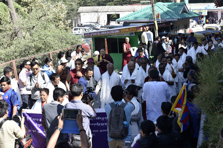 The members of the march party being welcomed in Dharamsala