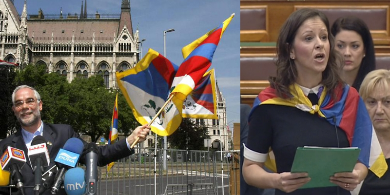 Hungary Tibet Supporters Wave Tibetan Flags Protesting Chinese Premier