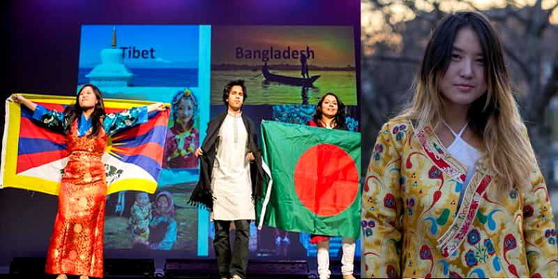 Tibetan Student Holding Flag at US University Event, Chinese Protest