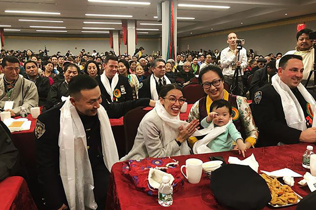 Baimadajie Angwang and Family with US Rep. Alexandria Ocasio-Cortez at Tibetan community's New Year Celelbration in February 2020